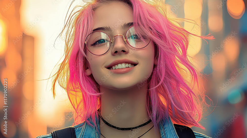 Obraz premium Vibrant High School Student with Pink Hair Smiling Brightly with Briefcase