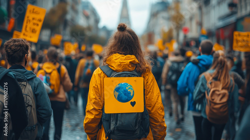 Fototapeta Naklejka Na Ścianę i Meble -  Ecological Protest with Activists Marching for Environment, Earth and Heart Sign