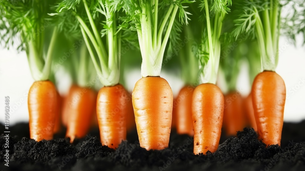 Bunch of carrots are growing in the dirt. The carrots are orange and are growing in a row Bunch of carrots are growing in the dirt. The carrots are orange and are growing in a row