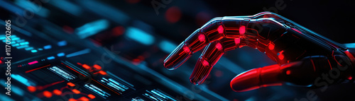 Agentic AI, Digital Workforce solution. A robotic hand interacts with a vibrant digital interface, showcasing advanced technology and innovation.