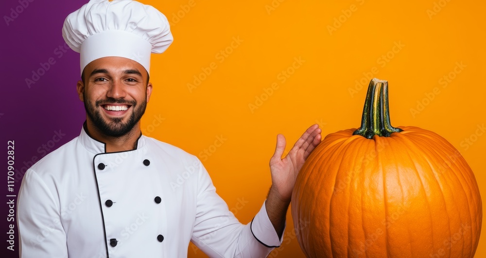 Chef is smiling and holding a pumpkin in front of a yellow wall. The chef is wearing a white hat and a white apron Chef is smiling and holding a pumpkin in front of a yellow wall. The chef is wearing a white hat and a white apron