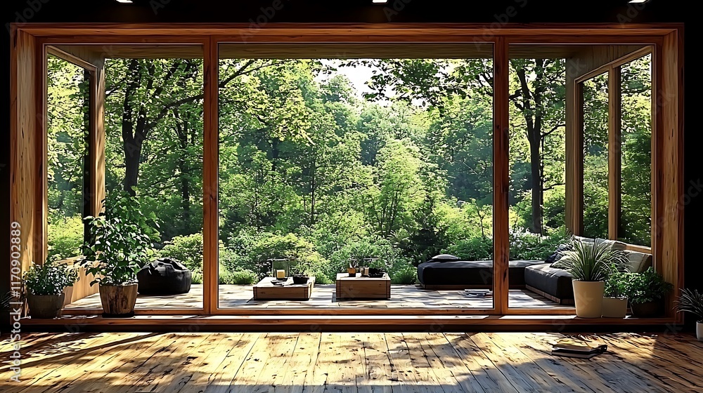 Wooden framed window reveals serene forest view with patio seating Wooden framed window reveals serene forest view with patio seating