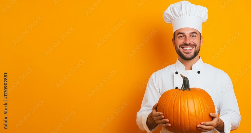 Chef is holding a pumpkin in front of a yellow background. The chef is smiling and he is happy Chef is holding a pumpkin in front of a yellow background. The chef is smiling and he is happy