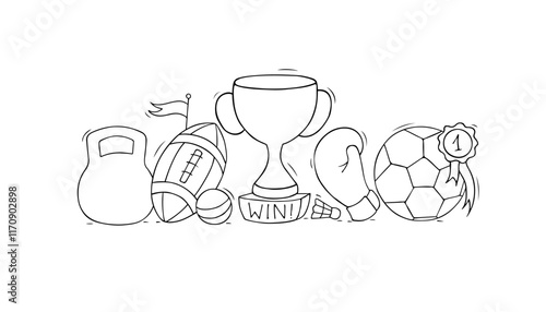 Doodle sport trophy, soccer and rugby balls, gold medal, boxing glove and kettlebell. Sketch of sport awards and equipment, golden cup, badminton shuttlecock, vector hand drawn illustration