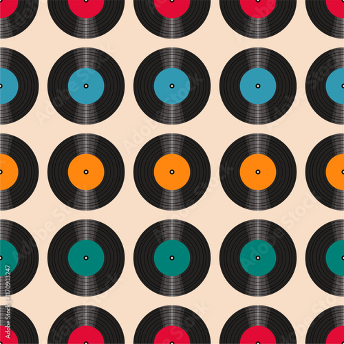Seamless pattern print background with vinyl record disks vector illustration music wallpaper decorative artistic texture	