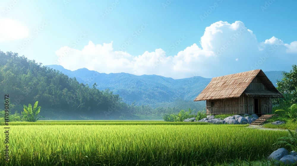 Tranquil Bamboo Hut Amidst Lush Rice Paddy Fields and Mountains Tranquil Bamboo Hut Amidst Lush Rice Paddy Fields and Mountains
