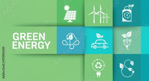 Green energy icons representing sustainable power solutions photo