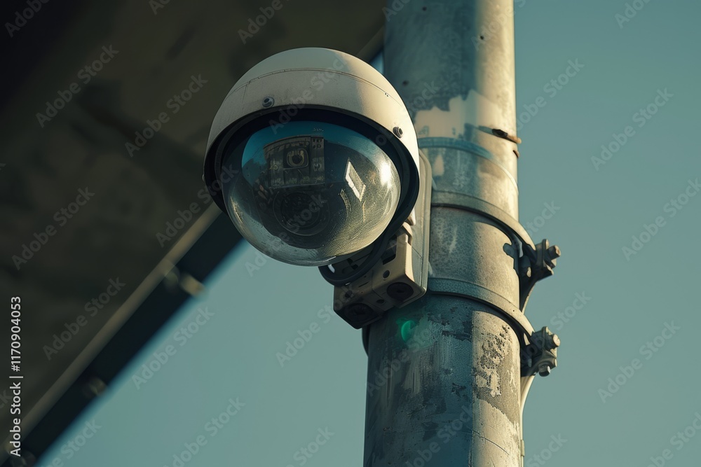 Fototapeta premium Security Camera on Urban Pole in City Landscape