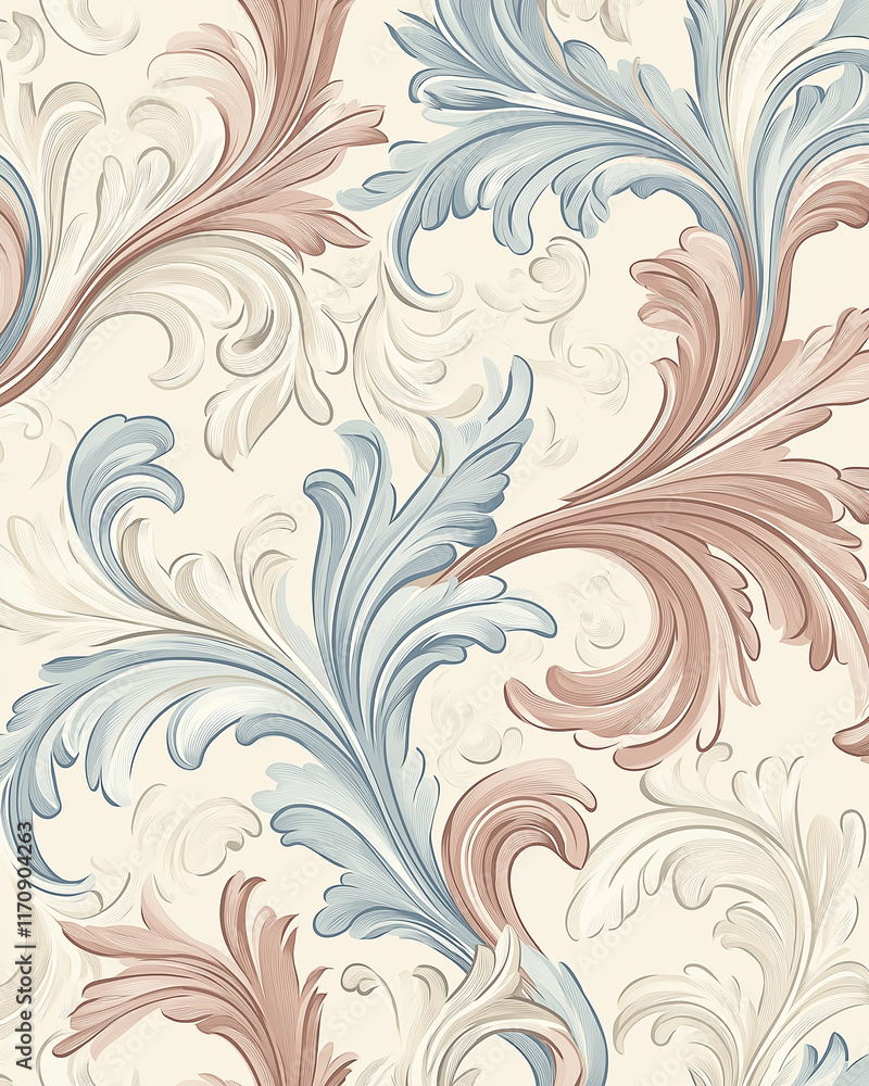 Classic floral motifs with blue and beige tones on a cream background, creating a timeless design Classic floral motifs with blue and beige tones on a cream background, creating a timeless design
