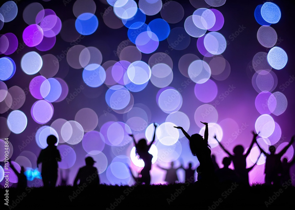 Abstract purple and blue bokeh lights with silhouettes of a crowd in celebration on a dark background. Abstract purple and blue bokeh lights with silhouettes of a crowd in celebration on a dark background.