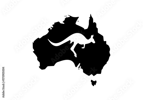 Silueta negra del mapa de Australia  y en el centro una silueta blanca de un canguro 