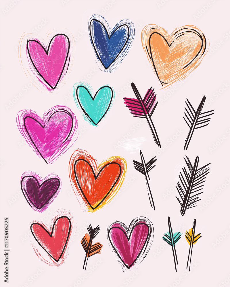 Bold and vibrant hearts with arrows in colorful hand-drawn style on a pastel background, playful and cheerful Bold and vibrant hearts with arrows in colorful hand-drawn style on a pastel background, playful and cheerful
