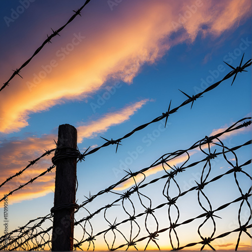 barbed rusty wire against the background of the sunset sky. freedom and slavery photo