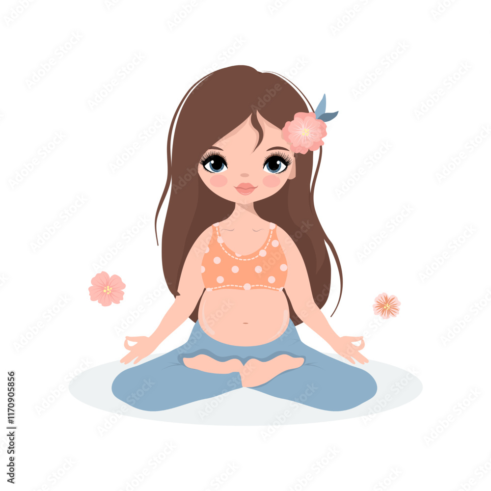 Pregnant yoga. Cute girl, woman meditates. Vector illustration isolated on white background .Concept yoga, meditation, relax, health, pregnancy, motherhood.