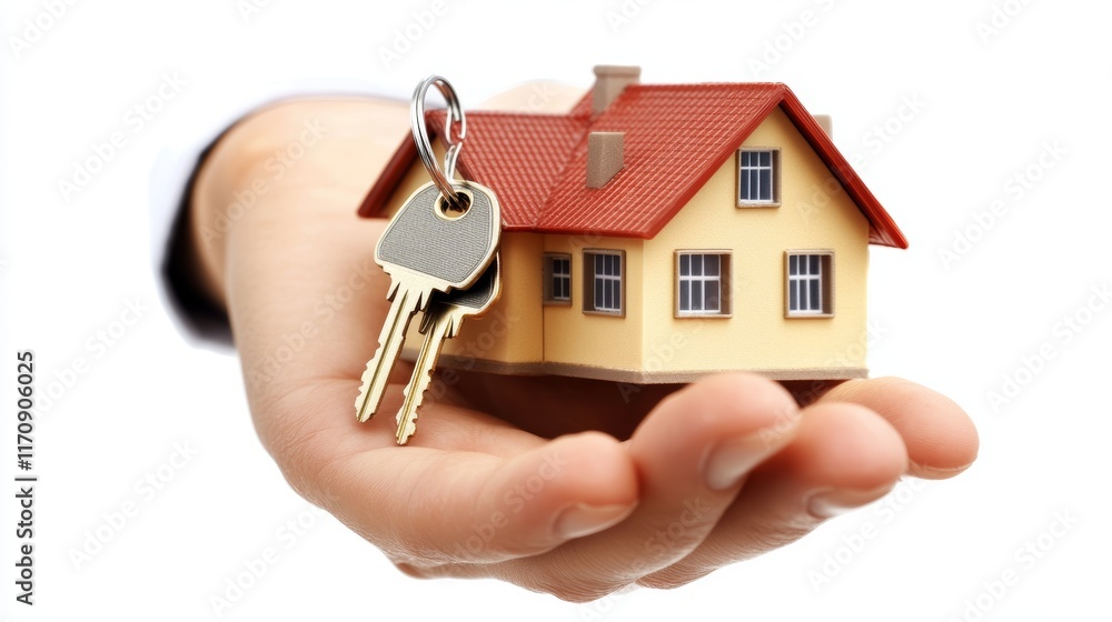 A hand is holding a key to a house A hand is holding a key to a house