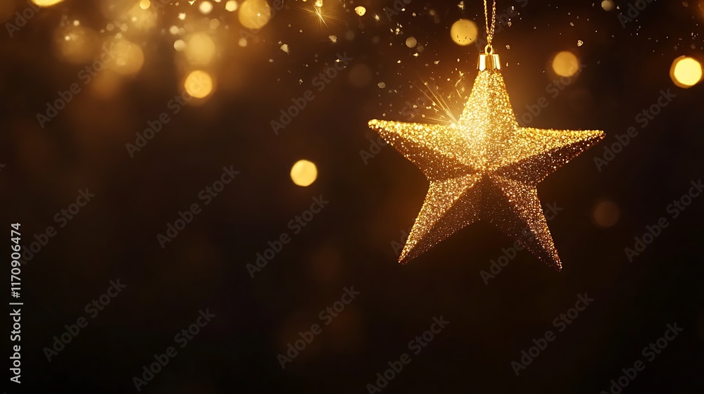 The ambiance is warm and festive, with gold star lights hanging and glowing against a sleek dark background. The ambiance is warm and festive, with gold star lights hanging and glowing against a sleek dark background.