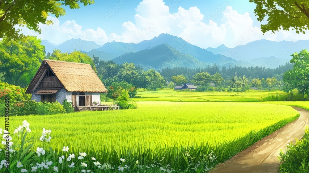 Serene Rural House Amidst Lush Green Rice Paddies And Mountains Serene Rural House Amidst Lush Green Rice Paddies And Mountains