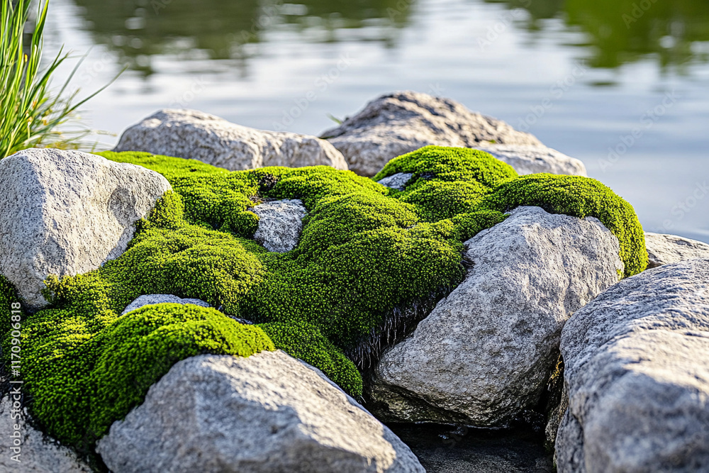 Lush green moss covering rocks along a tranquil lakeshore in the afternoon light Lush green moss covering rocks along a tranquil lakeshore in the afternoon light