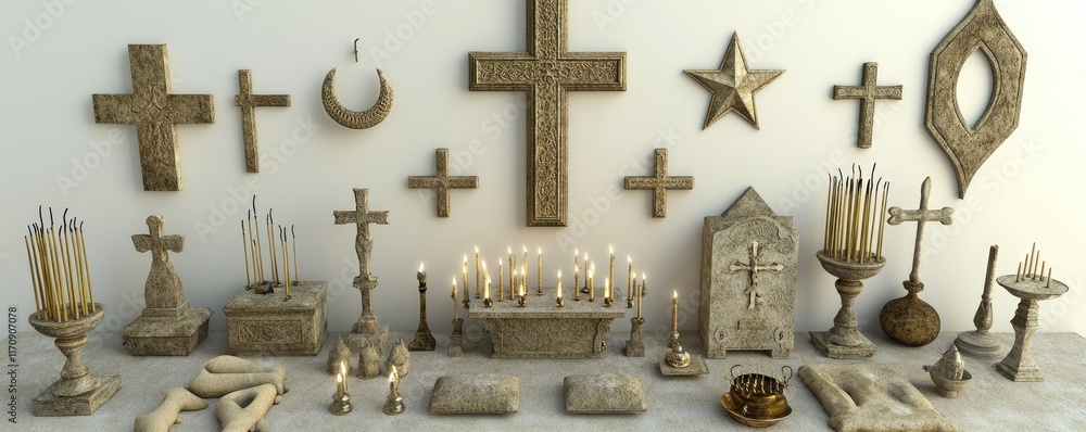 A collection of religious artifacts and symbols arranged on a table. A collection of religious artifacts and symbols arranged on a table.