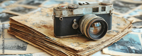 Vintage Camera on Stack of Old Photographs Realistic Image photo