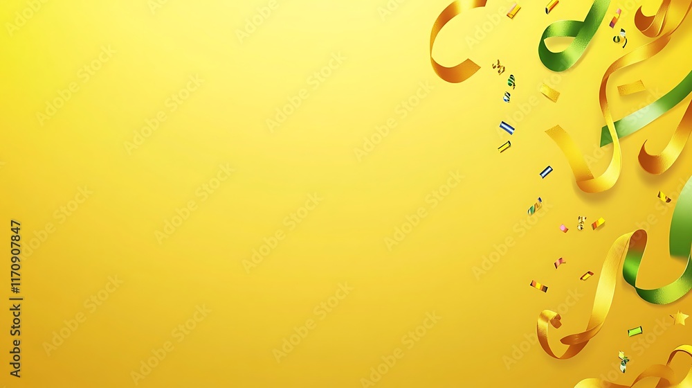 Festive Yellow Background With Ribbons And Confetti Festive Yellow Background With Ribbons And Confetti