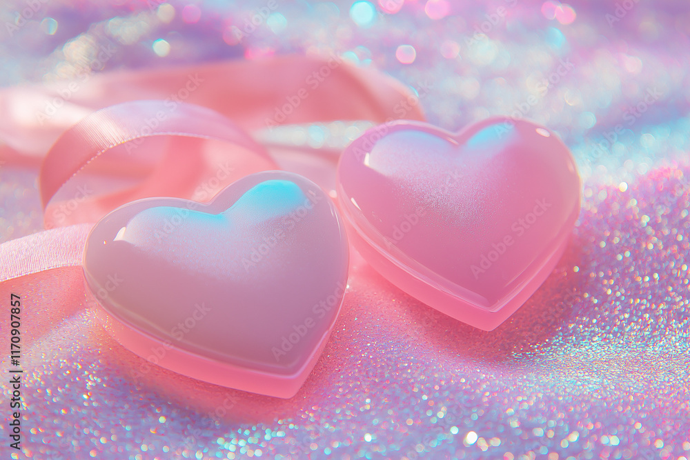 Fototapeta premium Zwei zarte, glitzernde Herzformen auf einem pastellfarbenen Hintergrund