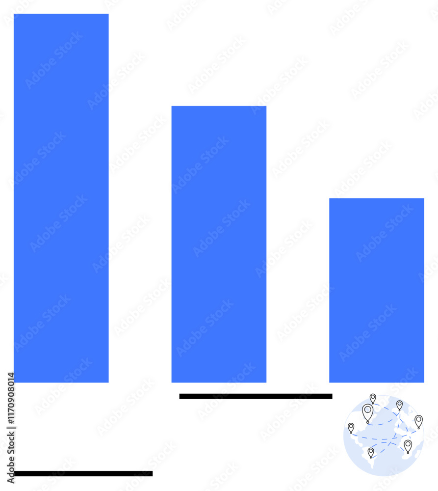 Vertical blue bars show data comparison with a globe icon displaying connected points. Ideal for statistics, growth trends, global reach, analysis, networking, business strategies, abstract line flat