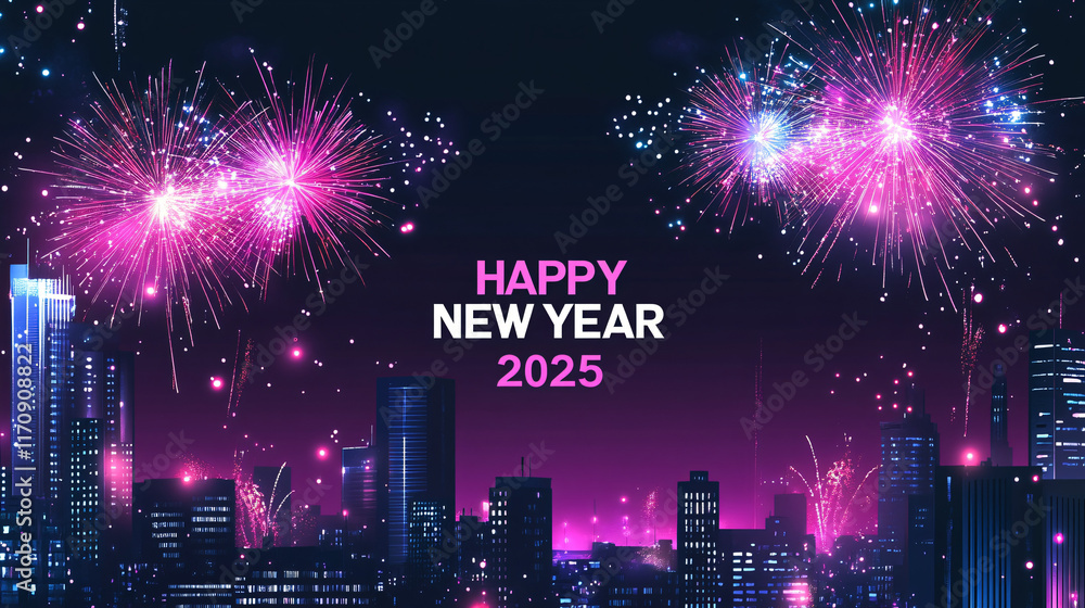 Vibrant New Year poster with dazzling fireworks in night sky, Vibrant New Year poster with dazzling fireworks in night sky,