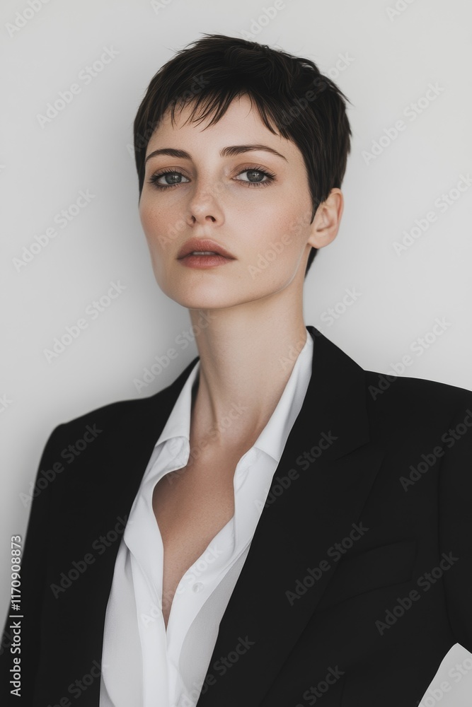A woman in a black jacket and white shirt poses for a photo A woman in a black jacket and white shirt poses for a photo