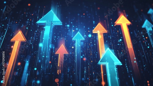 Abstract glowing arrows ascending digital data stream background photo