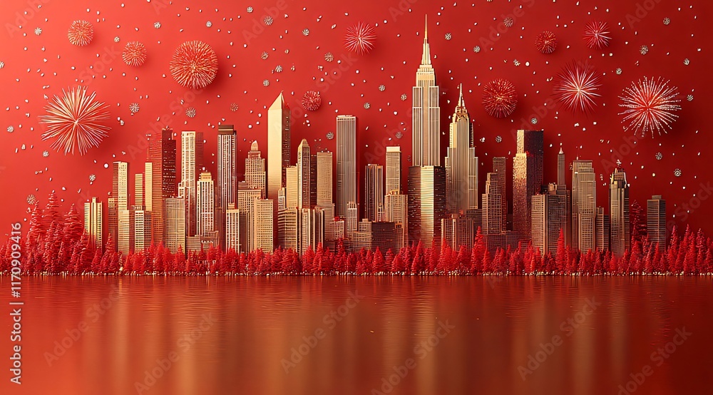 Festive cityscape at night with fireworks and snow. Festive cityscape at night with fireworks and snow.