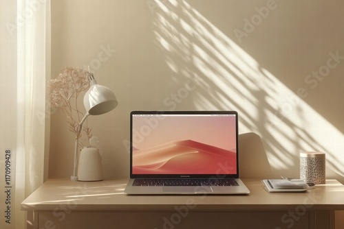 A laptop is on a desk with a vase of flowers and a cup