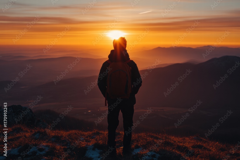 A man stands on a mountain top, looking out at the sunset A man stands on a mountain top, looking out at the sunset