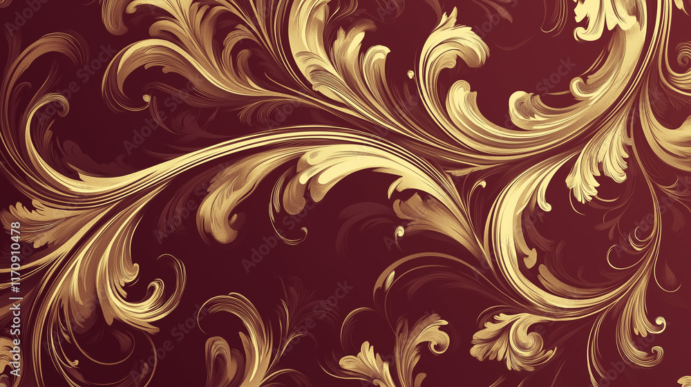Ornate golden baroque floral design on a deep red textured surface, perfect for luxurious and sophisticated themes Ornate golden baroque floral design on a deep red textured surface, perfect for luxurious and sophisticated themes