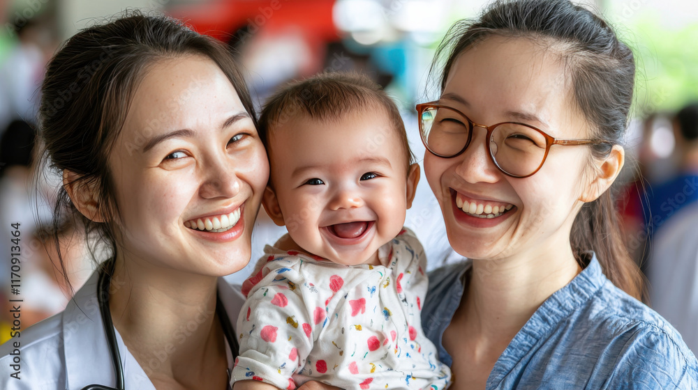 Smiling doctor and mother holding happy baby, showcasing joy and care Smiling doctor and mother holding happy baby, showcasing joy and care