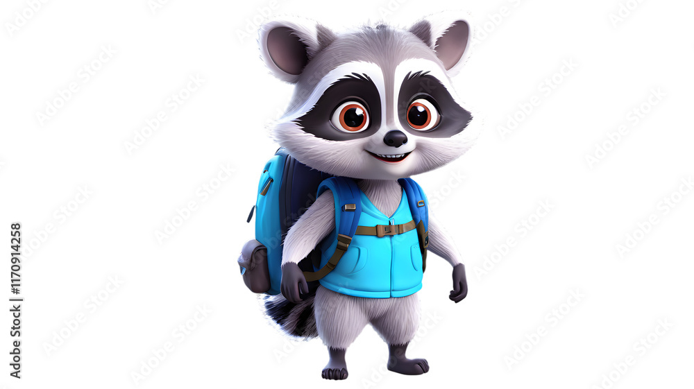 Obraz premium Adorable cartoon raccoon wearing a backpack, ready for adventure.
