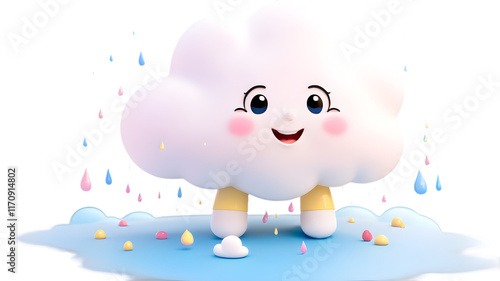 Wallpaper Mural Cute cartoon cloud character with happy face, raining colorful drops, standing on a puddle. Torontodigital.ca