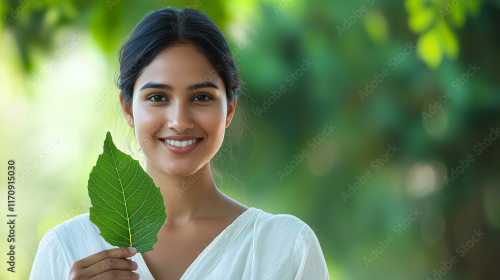 Radiant Indian woman holding a neem leaf and smiling warmly Radiant Indian woman holding a neem leaf and smiling warmly