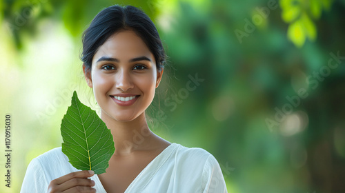 Radiant Indian woman holding a neem leaf and smiling warmly
