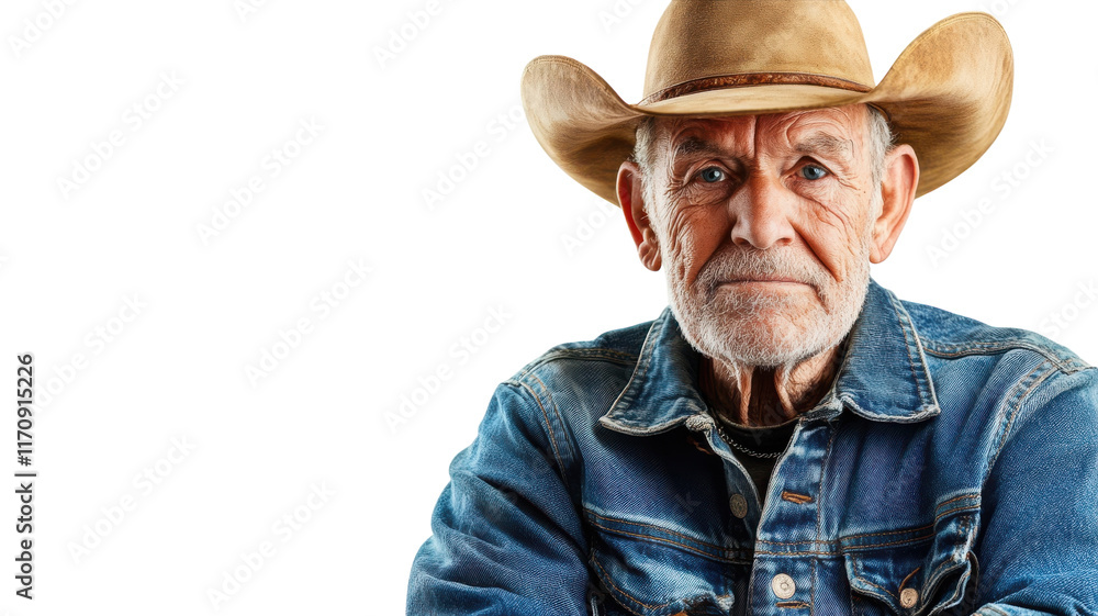 Old Man Wearing a Cowboy Hat and Denim Jacket: A Timeless Portrait Capturing the Spirit of Western Life. Old Man Wearing a Cowboy Hat and Denim Jacket: A Timeless Portrait Capturing the Spirit of Western Life.