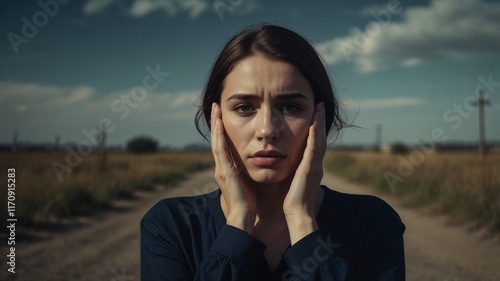 Woman in distress, hands on face, standing on a rural road.  A feeling of sadness and contemplation. photo