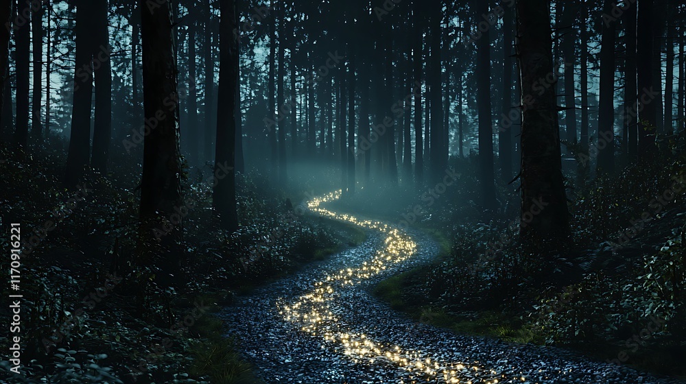 Obraz premium A dark forest with a glowing trail of light