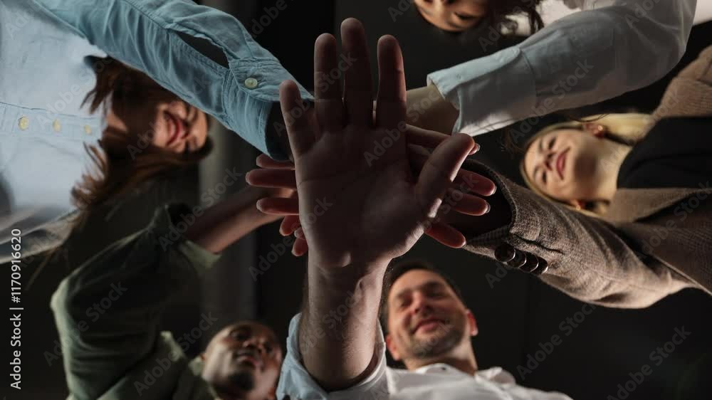 People stacking hands together in pile, sales team engaged in corporate teambuilding connected in teamwork help support coaching training unity concept, close up bottom view.