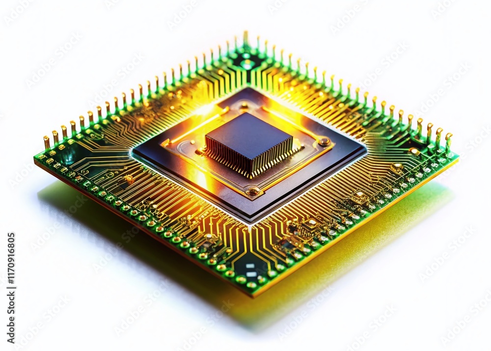 High-Res Image: Isolated Microchip on White Background - Semiconductor Technology Stock Photo High-Res Image: Isolated Microchip on White Background - Semiconductor Technology Stock Photo