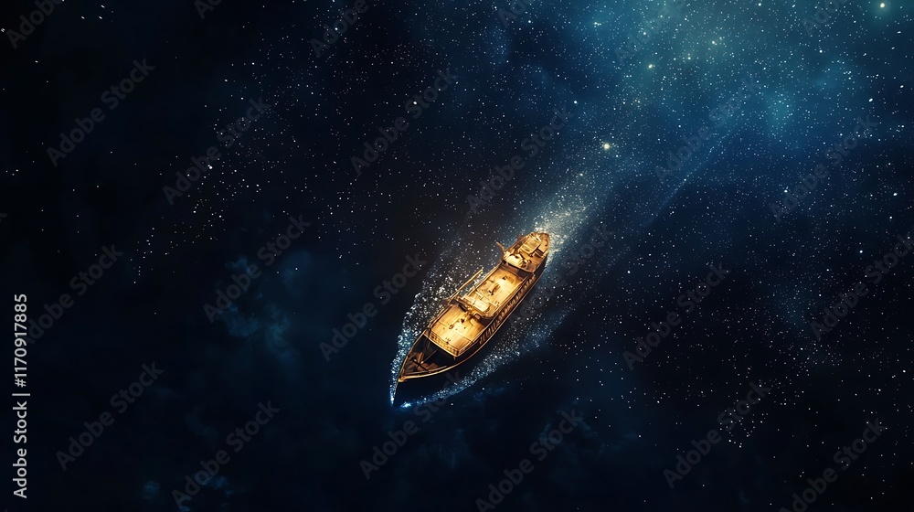 A ship is floating in space with stars in the background A ship is floating in space with stars in the background