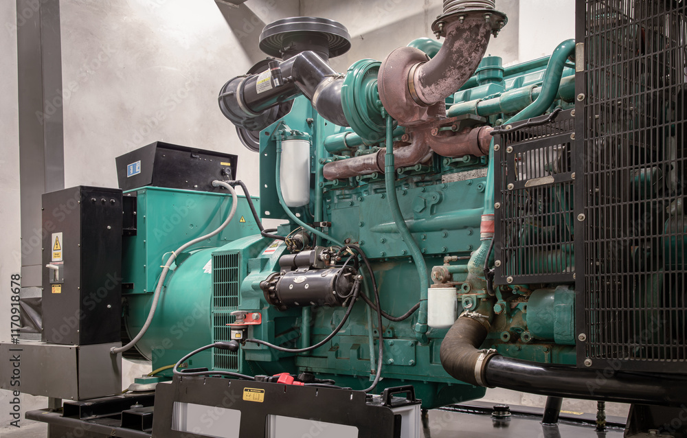Detail Engine generator set powered by Diesel power in Electricity generation room. Generator emergency power supply, Reserve diesel engine-generator for maintenance of trouble-free work of electrical
