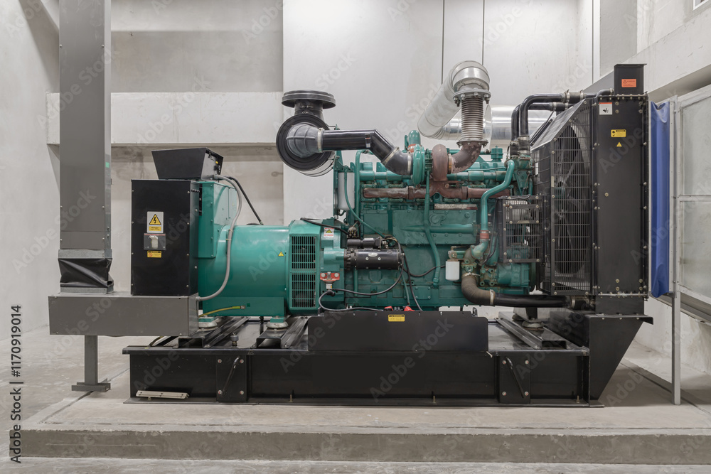 Generator emergency power supply. Engine generator set powered by Diesel power, Reserve diesel engine-generator for maintenance of trouble-free work of electrical installation, Electricity generation.