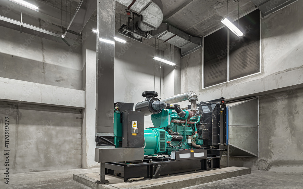 Electricity generation room with Engine generator set powered by Diesel power. Generator emergency power supply, Reserve diesel engine-generator for maintenance of trouble-free work of electrical.