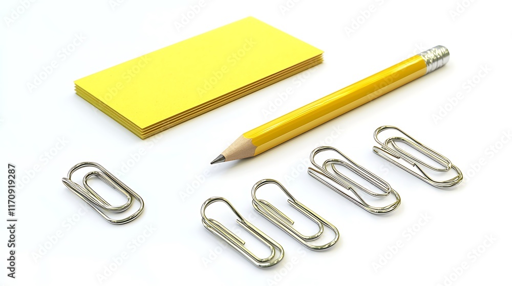 A yellow pad of paper with a pencil and a stack of paper clips on top of it A yellow pad of paper with a pencil and a stack of paper clips on top of it