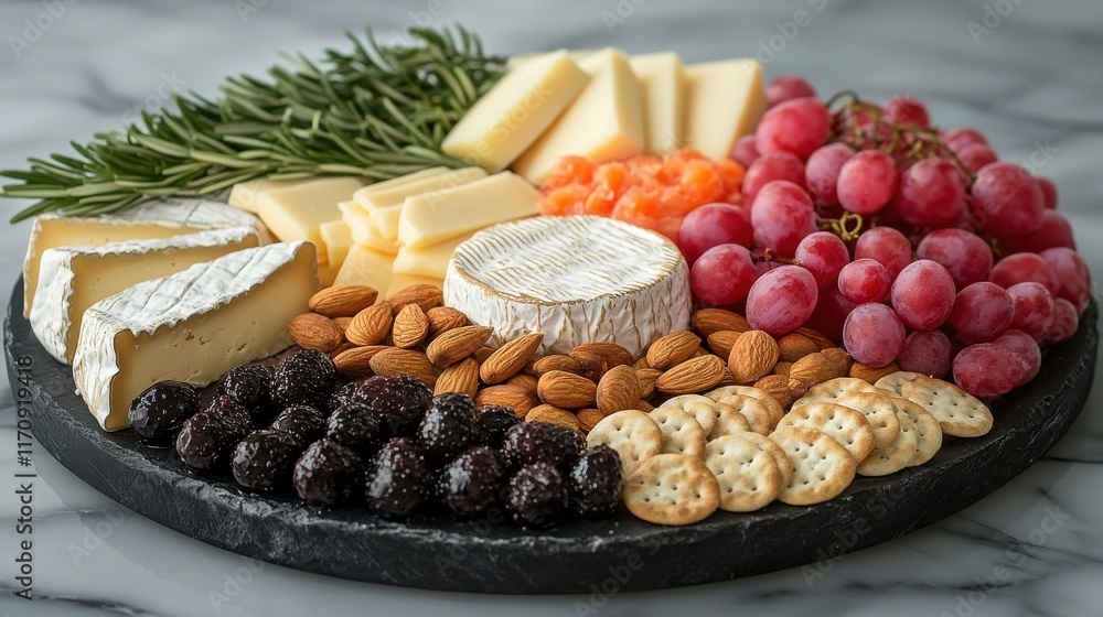 A beautifully arranged cheese platter with fruits, nuts, and crackers for entertaining. A beautifully arranged cheese platter with fruits, nuts, and crackers for entertaining.